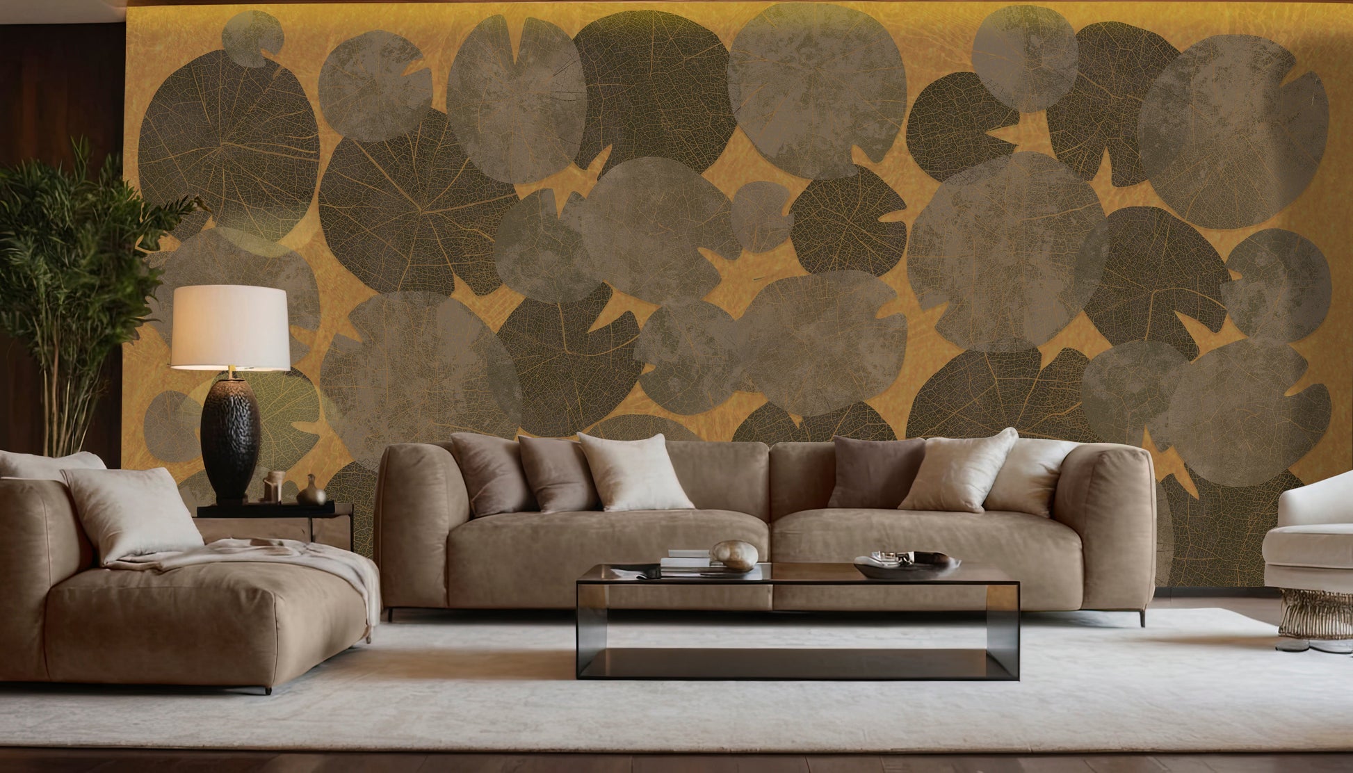 An architectural perspective of a modern luxury living room featuring the Whispers of the Pond Mural in Gold as a full-scale feature wall behind a large sectional sofa. The mural’s rhythmic, circular patterns create a sense of organic movement and tranquility, pairing perfectly with brass accents, natural wood furniture, and warm ambient lighting.