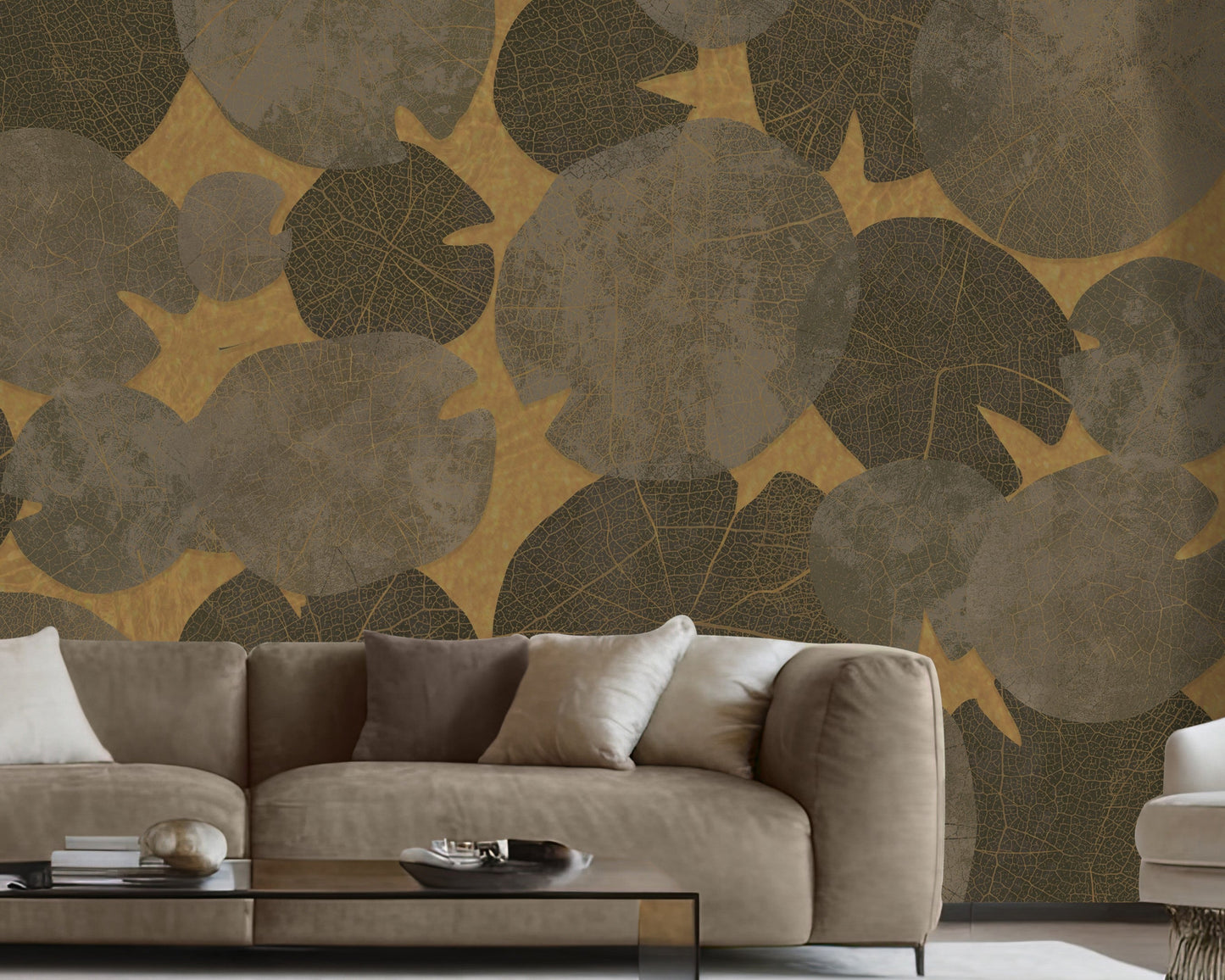A high-resolution detail of the Whispers of the Pond Nature Wallpaper, showcasing the intricate, lace-like skeletal structures and detailed veining of the overlapping lily pads. The image highlights the sophisticated interplay between the golden-hued leaf patterns and the warm, textured beige background.