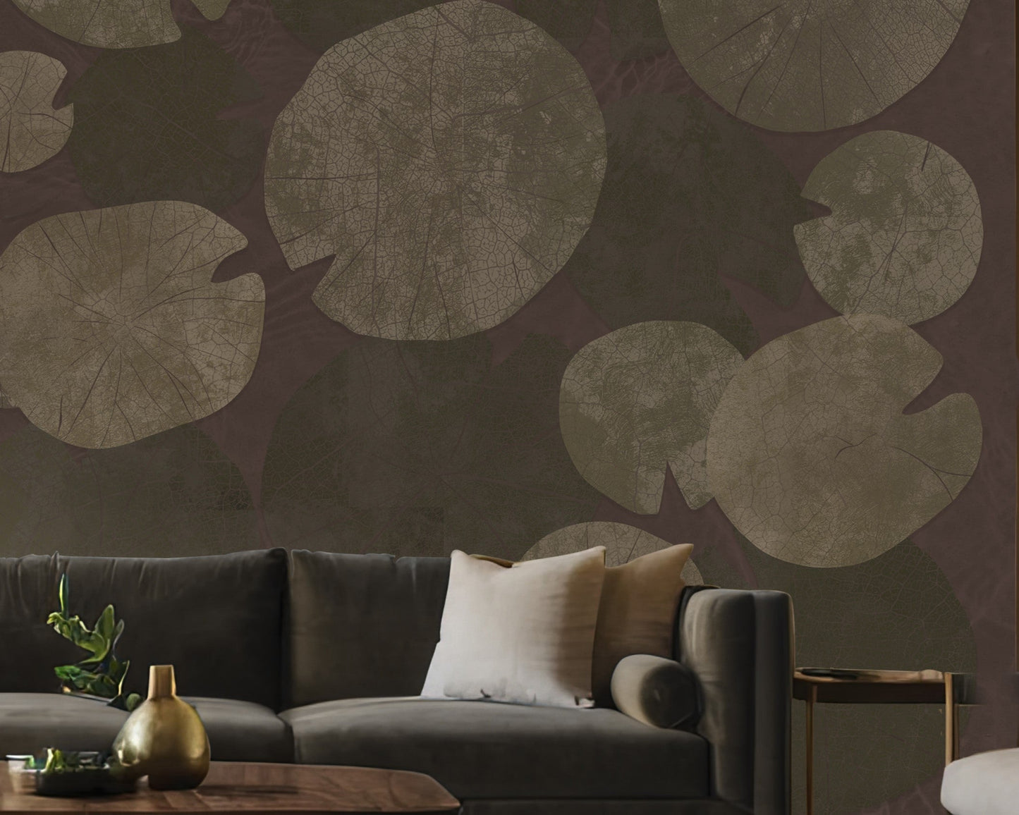 A high-resolution detail of the Whispers of the Pond Nature Wallpaper, showcasing the intricate, lace-like skeletal structures and detailed veining of the overlapping lily pads. The image highlights the sophisticated interplay between the deep maroon leaf patterns and the warm, textured sand-toned background.