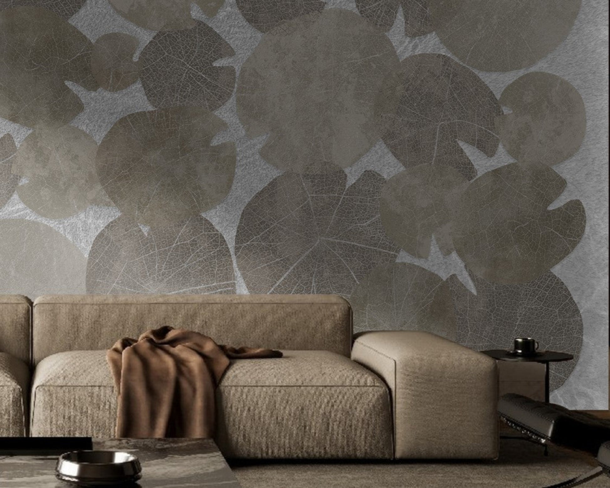 A high-resolution detail of the Whispers of the Pond Nature Wallpaper, showcasing the intricate, lace-like skeletal structures and detailed veining of the overlapping lily pads. The image highlights the sophisticated interplay between the cool silver-toned leaf patterns and the light, textured background.
