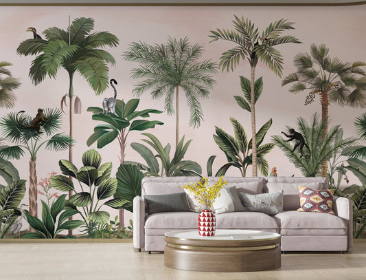 An architectural perspective of a contemporary living space featuring the Wild Wonderlands Mural as a full-scale feature wall. The mural’s expansive botanical and wildlife vista pairs elegantly with a plush neutral sofa and modern circular coffee table, creating a lively and cultured interior sanctuary.