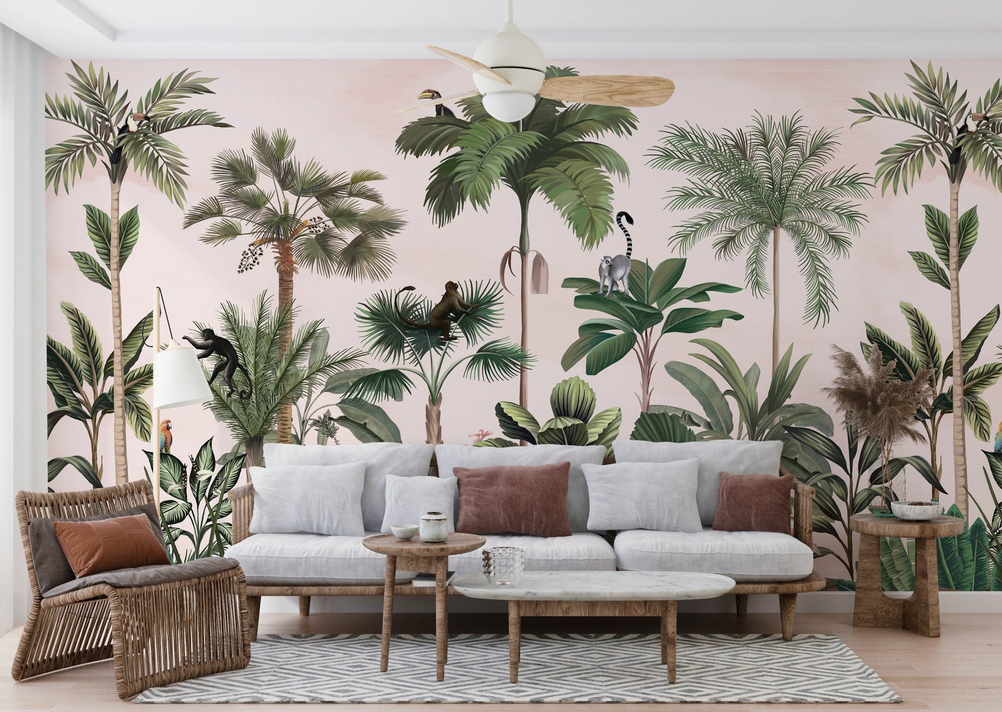 An architectural perspective of a contemporary living space featuring the Wild Wonderlands Mural as a full-scale feature wall. The mural’s expansive botanical and wildlife vista pairs elegantly with a plush neutral sofa and modern circular coffee table, creating a lively and cultured interior sanctuary.