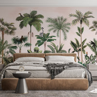 An architectural perspective of a contemporary living space featuring the Wild Wonderlands Mural as a full-scale feature wall. The mural’s expansive botanical and wildlife vista pairs elegantly with a plush neutral sofa and modern circular coffee table, creating a lively and cultured interior sanctuary.