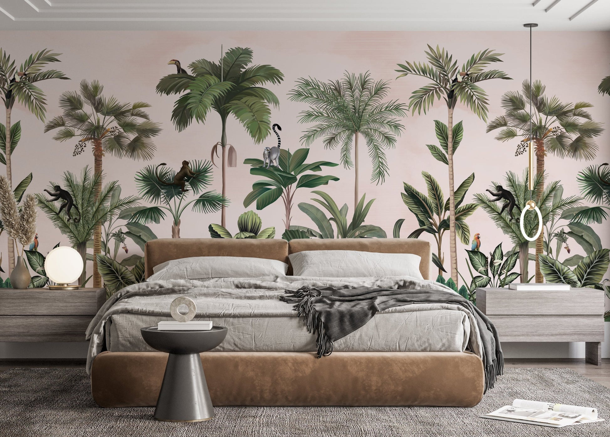 An architectural perspective of a contemporary living space featuring the Wild Wonderlands Mural as a full-scale feature wall. The mural’s expansive botanical and wildlife vista pairs elegantly with a plush neutral sofa and modern circular coffee table, creating a lively and cultured interior sanctuary.