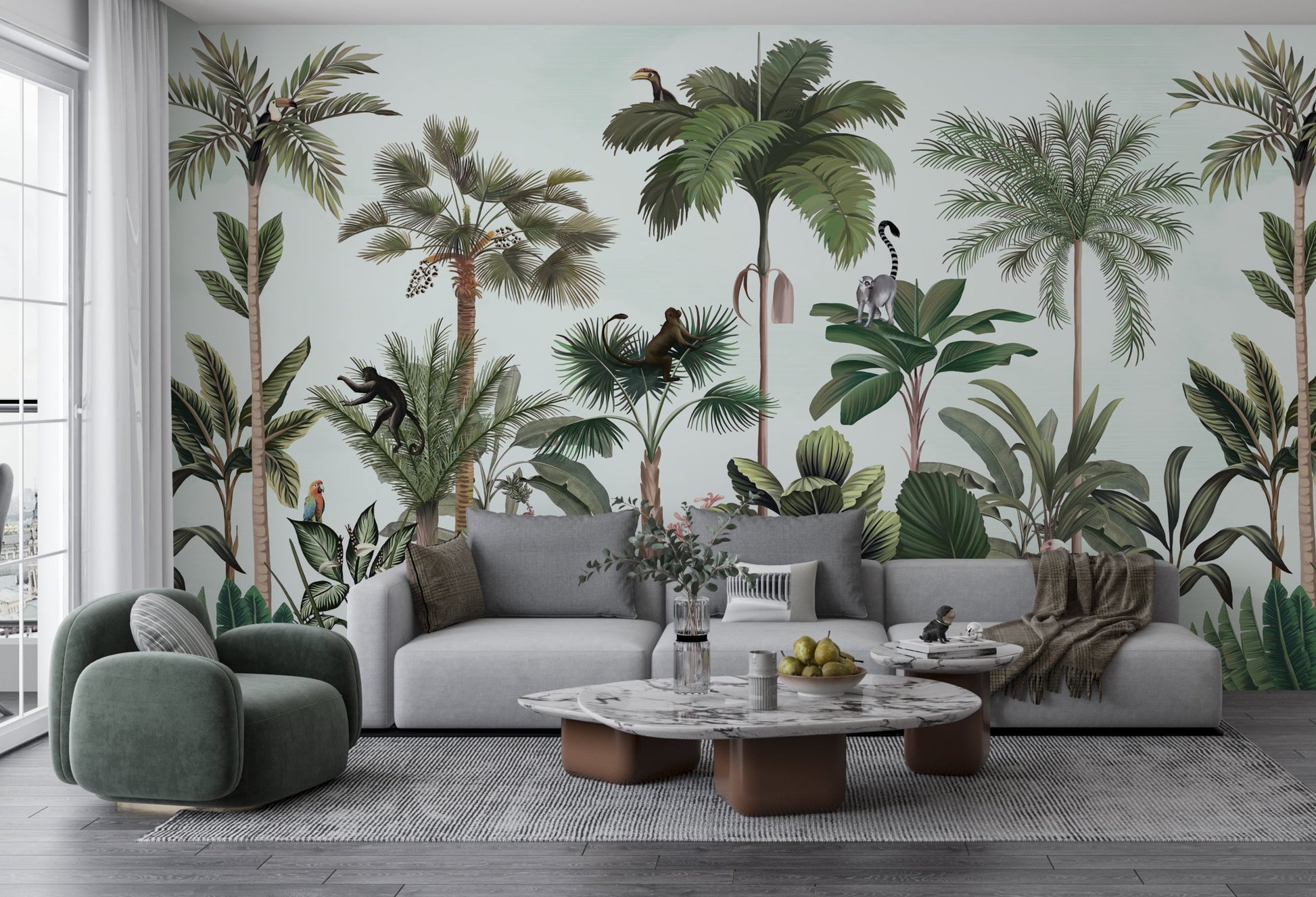 An architectural perspective of a contemporary living space featuring the Wild Wonderlands Mural in Porcelain Mint as a full-scale feature wall. The mural’s expansive botanical and wildlife vista pairs elegantly with light wood furniture and neutral textiles, creating a lively and cultured interior sanctuary.