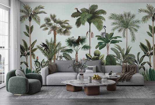 An architectural perspective of a contemporary living space featuring the Wild Wonderlands Mural in Porcelain Mint as a full-scale feature wall. The mural’s expansive botanical and wildlife vista pairs elegantly with light wood furniture and neutral textiles, creating a lively and cultured interior sanctuary.