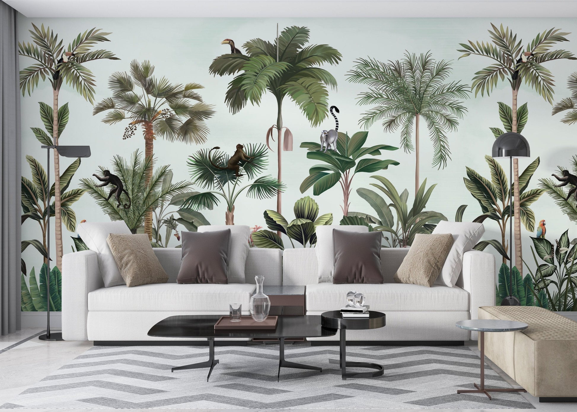 An architectural perspective of a contemporary living space featuring the Wild Wonderlands Mural in Porcelain Mint as a full-scale feature wall. The mural’s expansive botanical and wildlife vista pairs elegantly with light wood furniture and neutral textiles, creating a lively and cultured interior sanctuary.