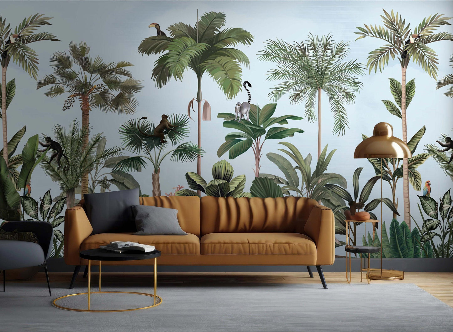 An architectural perspective of a contemporary living space featuring the Wild Wonderlands Mural as a full-scale feature wall. The mural’s expansive botanical and wildlife vista pairs elegantly with light-toned furniture and natural wood accents, creating a lively and cultured interior sanctuary.