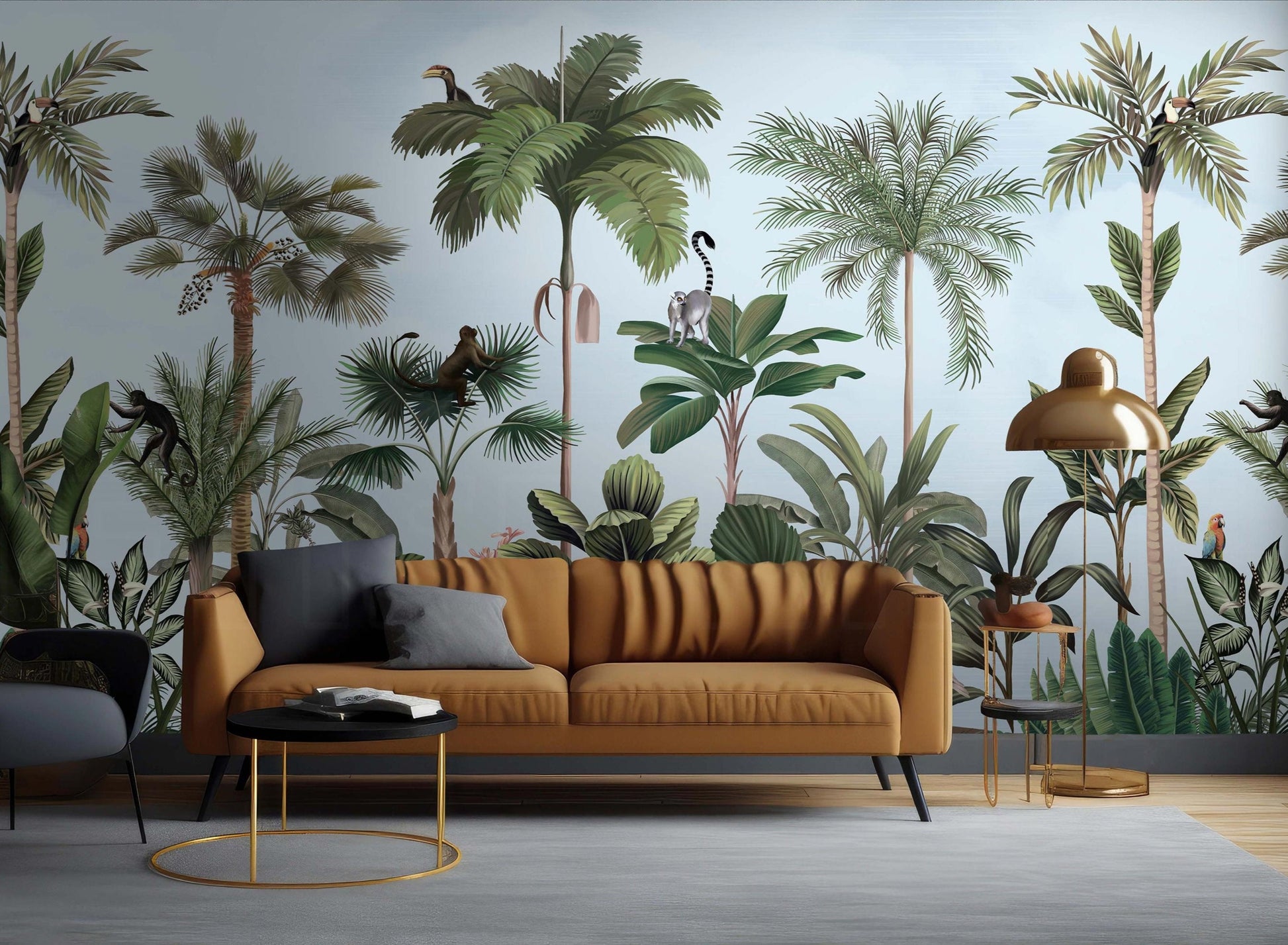 An architectural perspective of a contemporary living space featuring the Wild Wonderlands Mural as a full-scale feature wall. The mural’s expansive botanical and wildlife vista pairs elegantly with light-toned furniture and natural wood accents, creating a lively and cultured interior sanctuary.