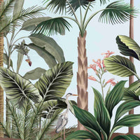 An architectural perspective of a contemporary living space featuring the Wild Wonderlands Mural as a full-scale feature wall. The mural’s expansive botanical and wildlife vista pairs elegantly with light-toned furniture and natural wood accents, creating a lively and cultured interior sanctuary.