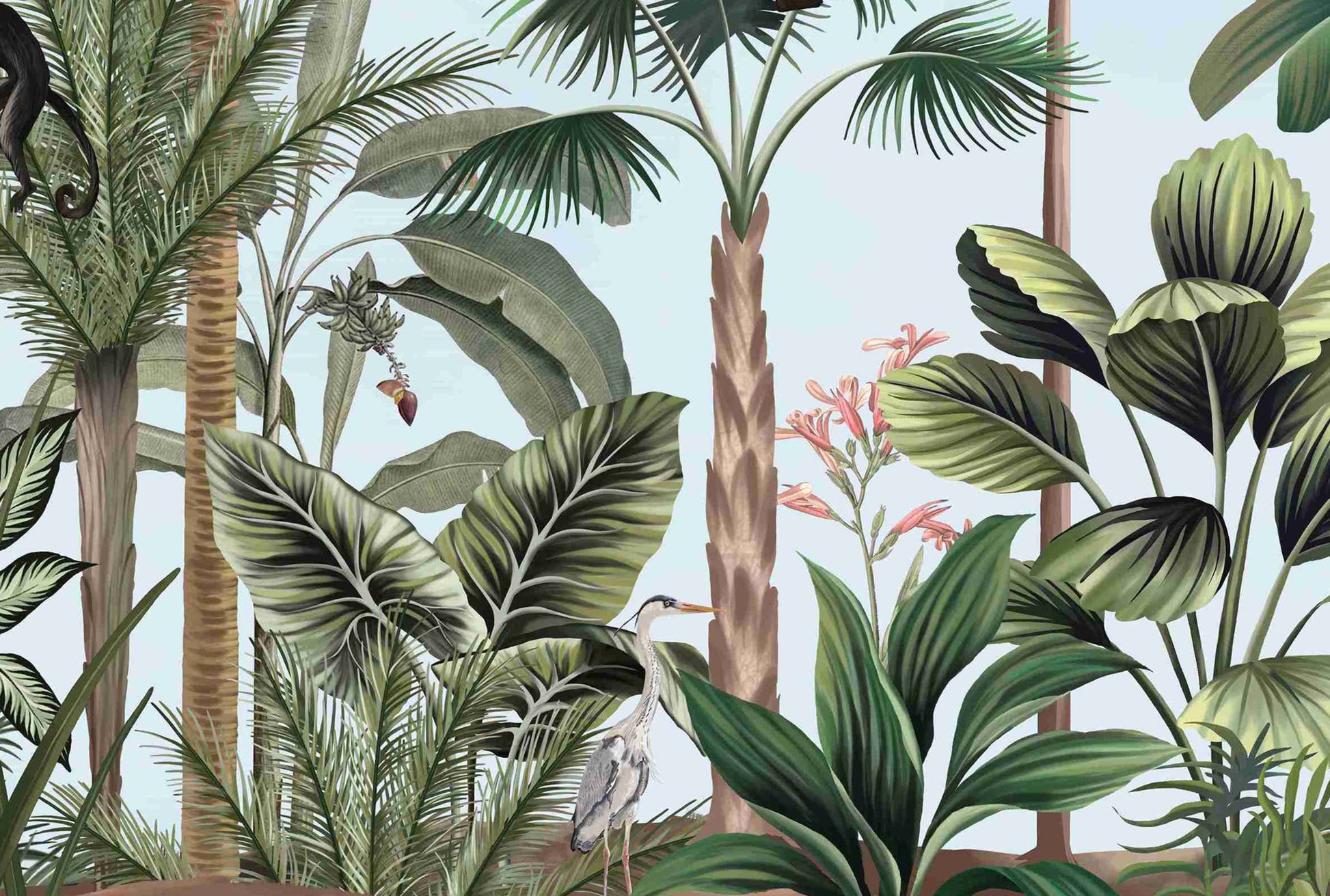 An architectural perspective of a contemporary living space featuring the Wild Wonderlands Mural as a full-scale feature wall. The mural’s expansive botanical and wildlife vista pairs elegantly with light-toned furniture and natural wood accents, creating a lively and cultured interior sanctuary.