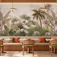 Vintage tropical jungle wallpaper mural featuring lush green banana leaves, palm trees, a toucan, a cockatoo, a lemur, and a monkey against a dusty taupe textured background.