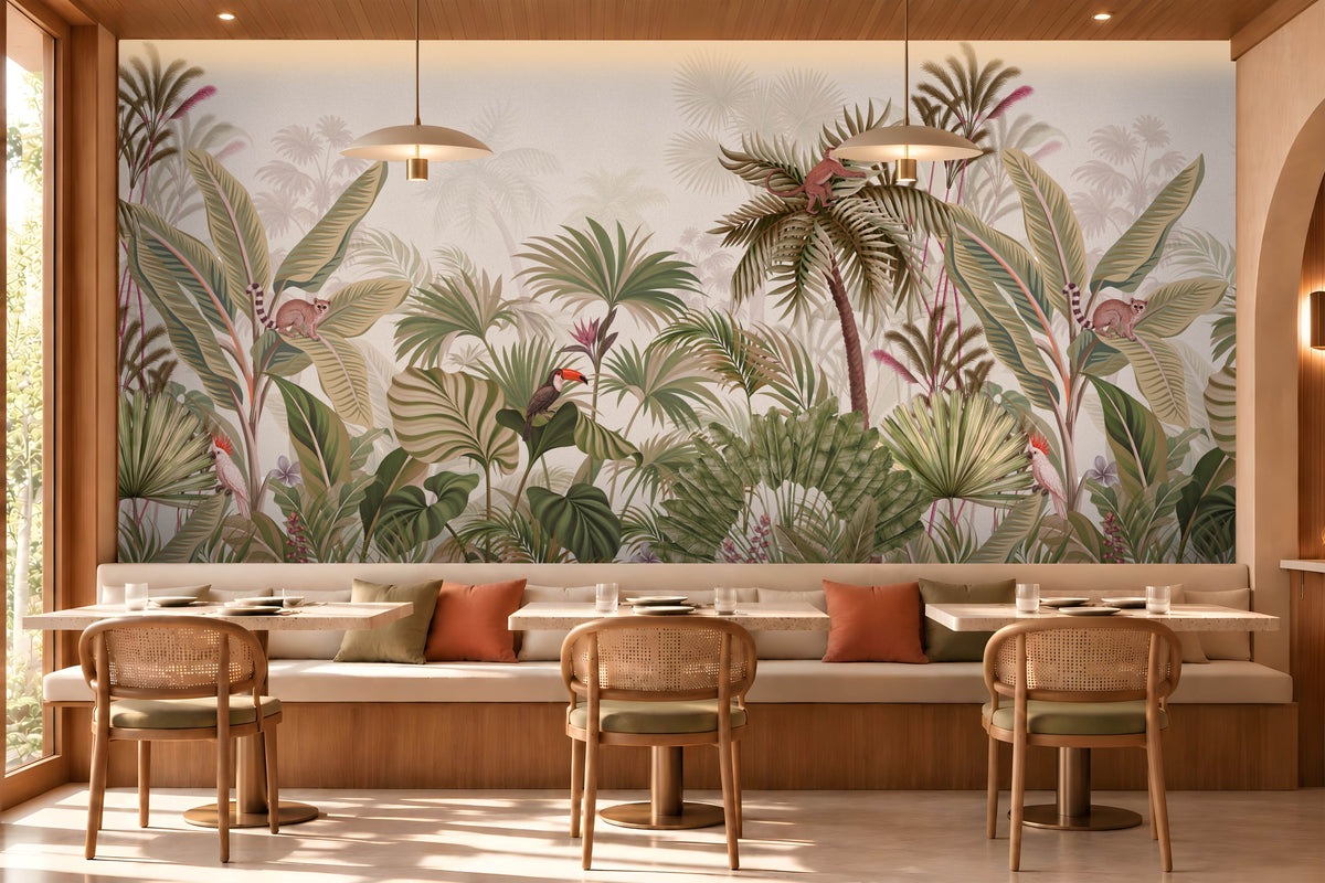 Vintage tropical jungle wallpaper mural featuring lush green banana leaves, palm trees, a toucan, a cockatoo, a lemur, and a monkey against a dusty taupe textured background.