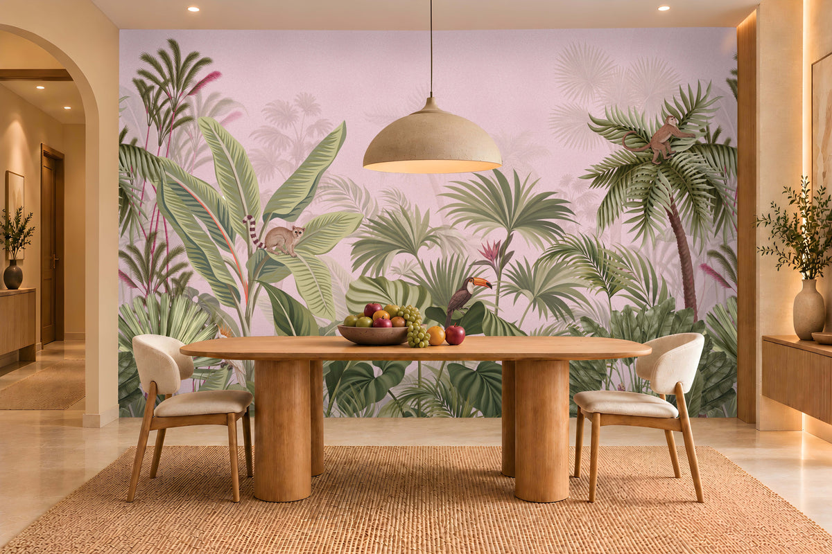 Bohemian chic jungle wallpaper featuring muted green banana leaves, animals, and a blush peach background.