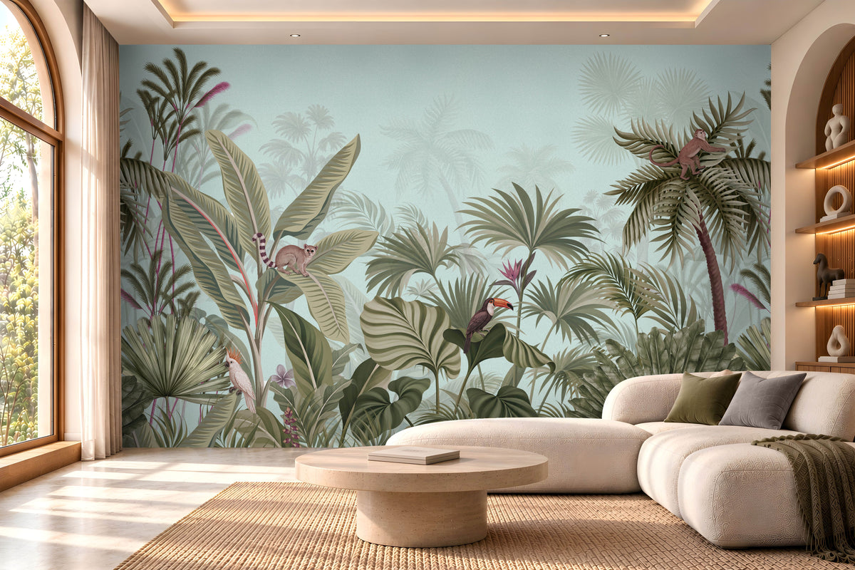 Illustrated tropical jungle wallpaper featuring dense, muted green and sage foliage set against a soft light blue backdrop. The detailed scene showcases a variety of exotic plants, including large banana leaves and fan palms, interspersed with wildlife like, a ring-tailed lemur, a toucan, and a small monkey climbing a palm tree.