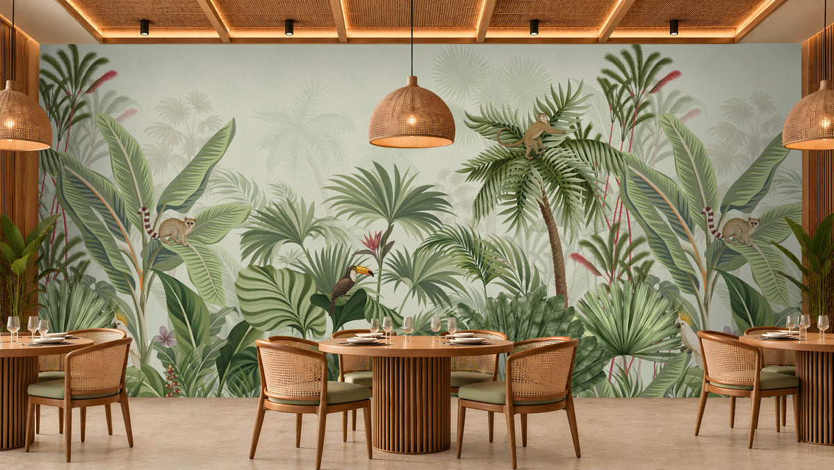 Wildwood Reverie- soft olive green botanical wallpaper mural featuring lush tropical foliage, oversized palm leaves, exotic birds, playful monkeys, and delicate floral details against a soft sage and soft-green background, ideal for creating a refreshing tropical-inspired interior.