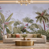 Artistic jungle mural illustration featuring various tropical plants and wild animals against a soft, textured grey background. Lush green and sage palm leaves, banana trees, and dense foliage.