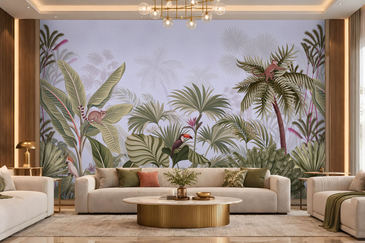 Artistic jungle mural illustration featuring various tropical plants and wild animals against a soft, textured grey background. Lush green and sage palm leaves, banana trees, and dense foliage.