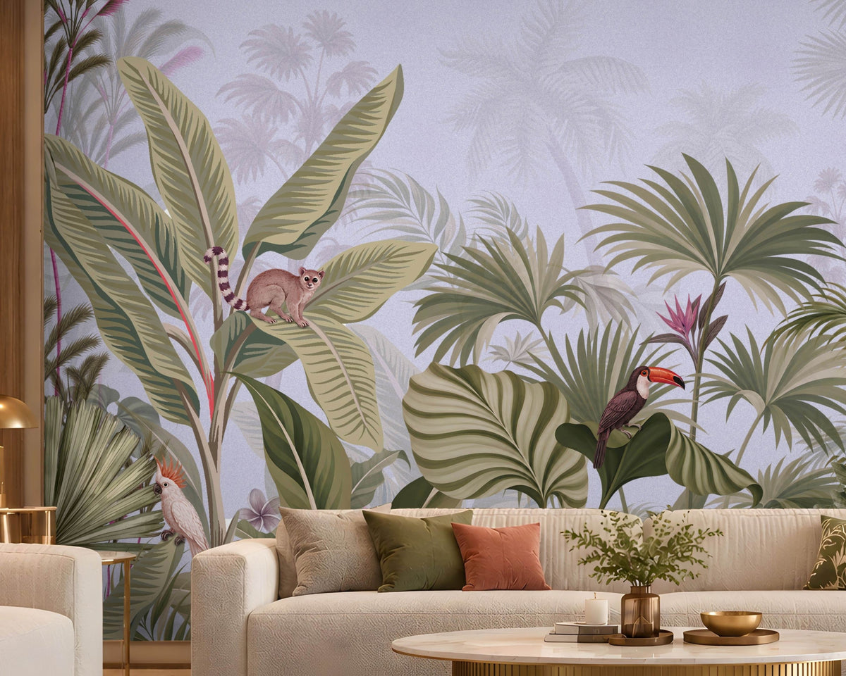 Artistic jungle mural illustration featuring various tropical plants and wild animals against a soft, textured grey background. Lush green and sage palm leaves, banana trees, and dense foliage.