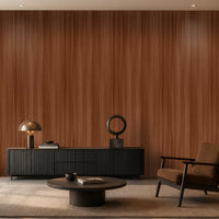 Warm reddish-brown seamless wood texture wallpaper with fine vertical grain in a modern living room interior.
