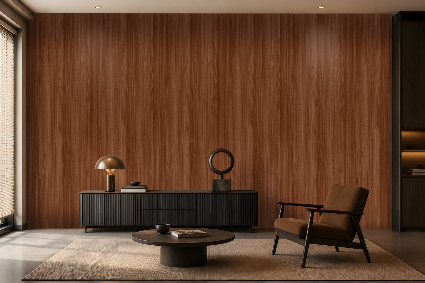 Warm reddish-brown seamless wood texture wallpaper with fine vertical grain in a modern living room interior.
