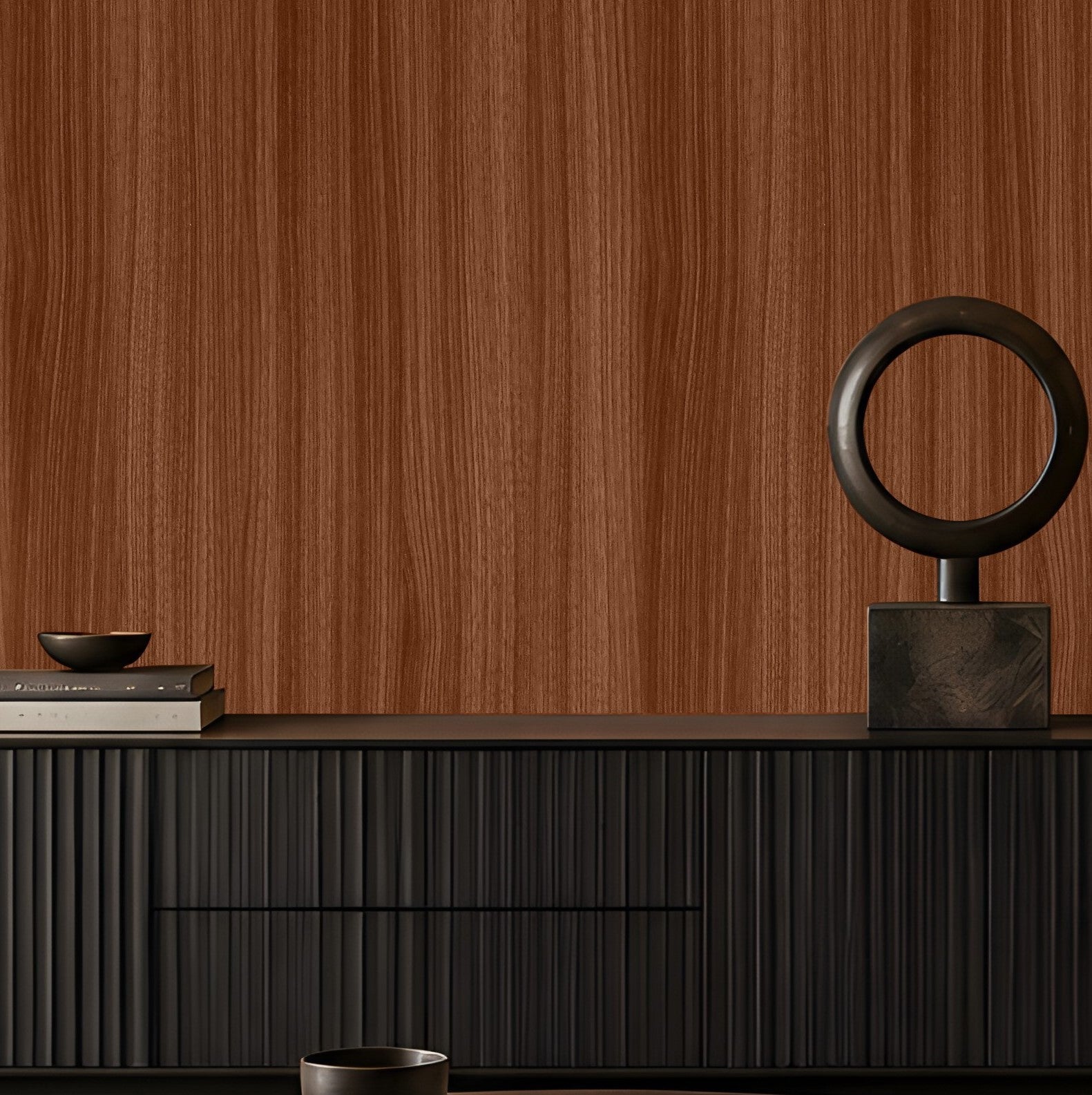 Warm reddish-brown seamless wood texture wallpaper with fine vertical grain in a modern living room interior.