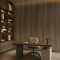 Elegant modern office interior featuring Wood Seamless – Smoky Olive Brown Wallpaper, with a rich vertical wood-grain texture in smoky olive and brown tones, complemented by dark wooden furniture and warm ambient lighting.
