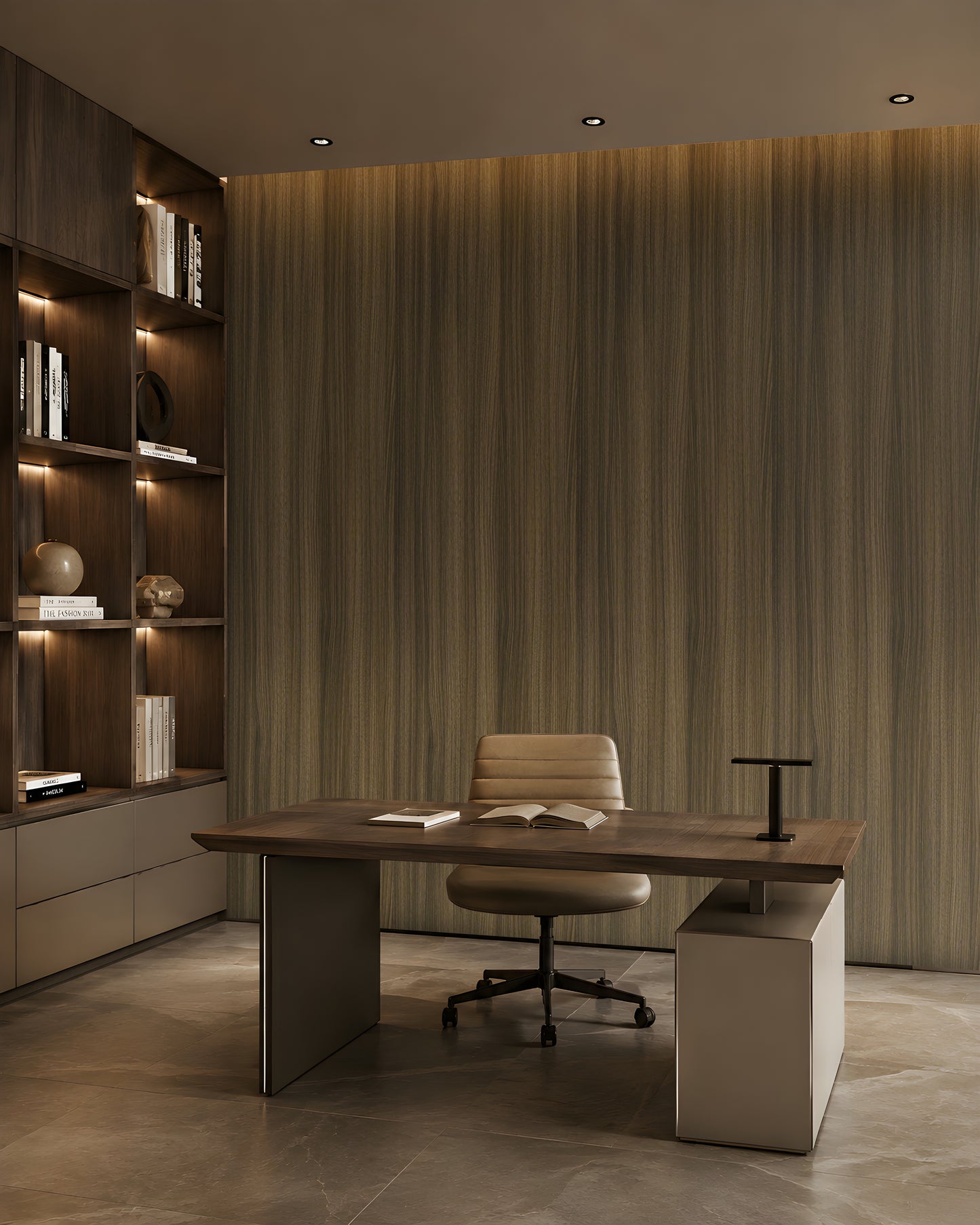 Elegant modern office interior featuring Wood Seamless – Smoky Olive Brown Wallpaper, with a rich vertical wood-grain texture in smoky olive and brown tones, complemented by dark wooden furniture and warm ambient lighting.
