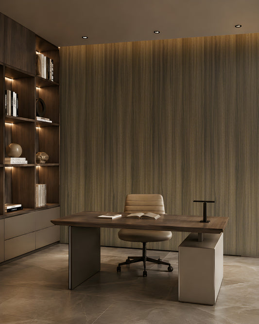 Elegant modern office interior featuring Wood Seamless – Smoky Olive Brown Wallpaper, with a rich vertical wood-grain texture in smoky olive and brown tones, complemented by dark wooden furniture and warm ambient lighting.
