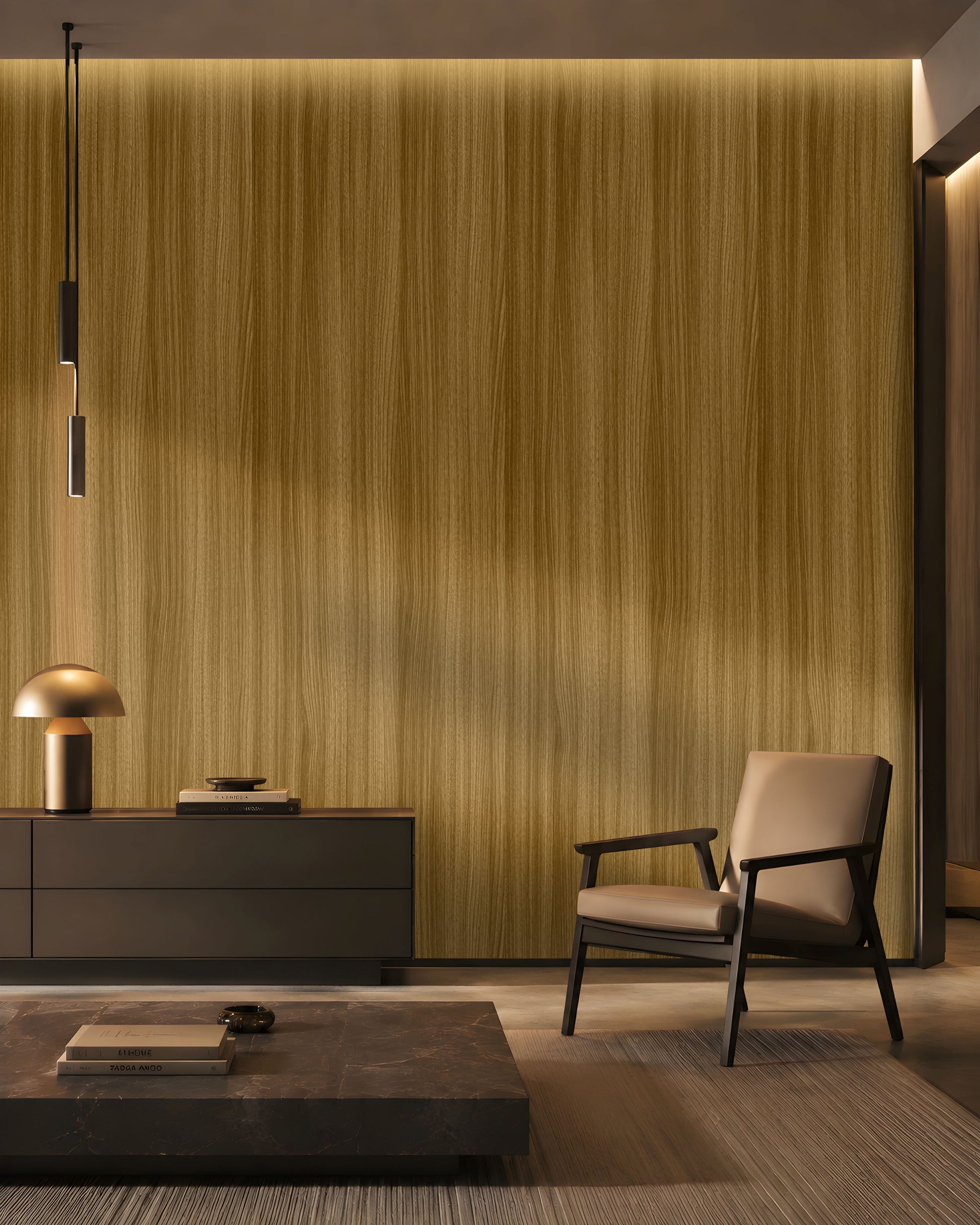 Warm honey brown seamless wood texture wallpaper with fine vertical grain in a modern interior. 