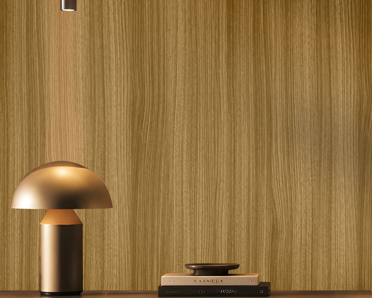 Warm honey brown seamless wood texture wallpaper with fine vertical grain in a modern interior. 