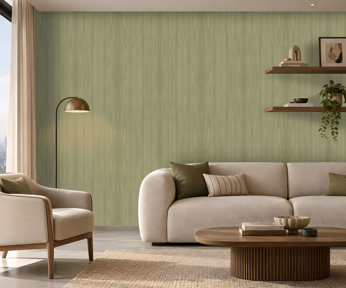 Modern living room with a soft green textured accent wall, cream upholstered sofa and armchair, warm floor lamp, floating wooden shelves with books and plants, and a round wooden coffee table on a neutral area rug. Natural light enters through a large window with beige curtains, creating a calm, contemporary interior.