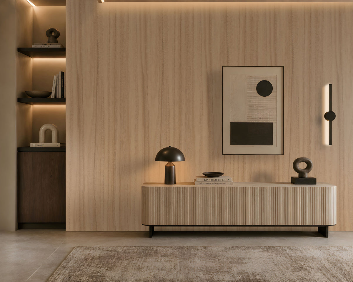 Wood Seamless Wallpaper - Almond Beige featuring a soft beige wood-inspired texture with subtle vertical grain patterns. The seamless natural finish creates a warm, elegant, and contemporary backdrop, perfectly complementing minimalist, Japandi, Scandinavian, and modern interiors. Ideal for living rooms, bedrooms, dining spaces, offices, and feature walls, adding depth, warmth, and timeless sophistication to any space.