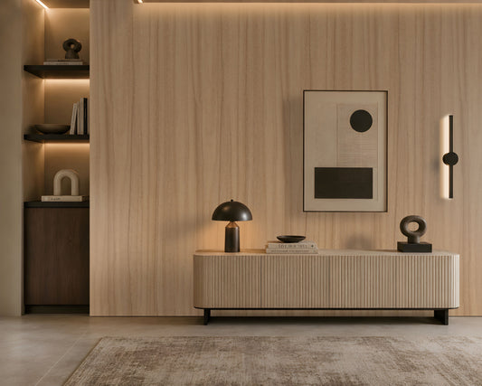 Wood Seamless Wallpaper - Almond Beige featuring a soft beige wood-inspired texture with subtle vertical grain patterns. The seamless natural finish creates a warm, elegant, and contemporary backdrop, perfectly complementing minimalist, Japandi, Scandinavian, and modern interiors. Ideal for living rooms, bedrooms, dining spaces, offices, and feature walls, adding depth, warmth, and timeless sophistication to any space.