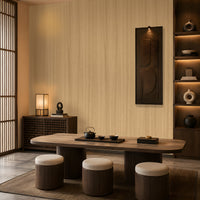 Wood Seamless Wallpaper - Champange beige displayed in a sophisticated Japandi-inspired dining space. The wallpaper features a warm almond beige base with subtle vertical wood grain detailing, creating a seamless and natural wall finish. Complemented by rich walnut-toned furniture, soft ambient lighting, decorative shelving, and minimalist décor accents, the wallpaper enhances the room with warmth, texture, and timeless elegance while maintaining a calm and contemporary aesthetic.