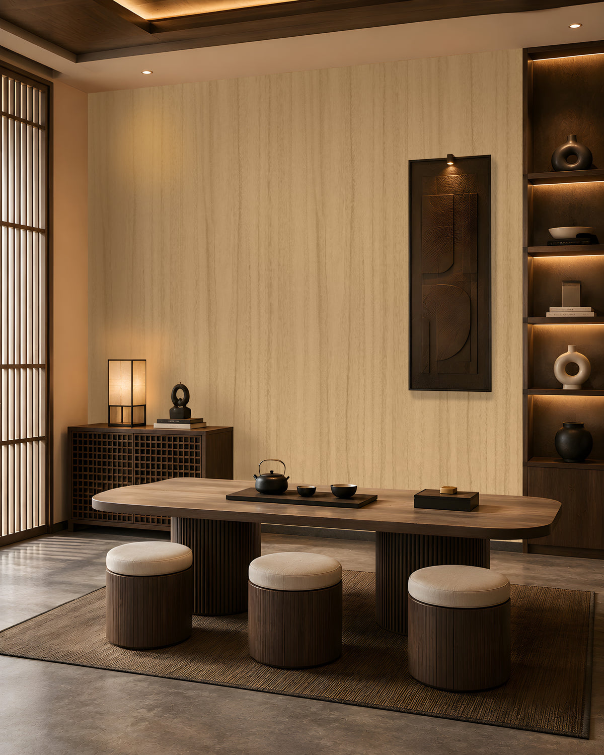 Wood Seamless Wallpaper - Champange beige displayed in a sophisticated Japandi-inspired dining space. The wallpaper features a warm almond beige base with subtle vertical wood grain detailing, creating a seamless and natural wall finish. Complemented by rich walnut-toned furniture, soft ambient lighting, decorative shelving, and minimalist décor accents, the wallpaper enhances the room with warmth, texture, and timeless elegance while maintaining a calm and contemporary aesthetic.