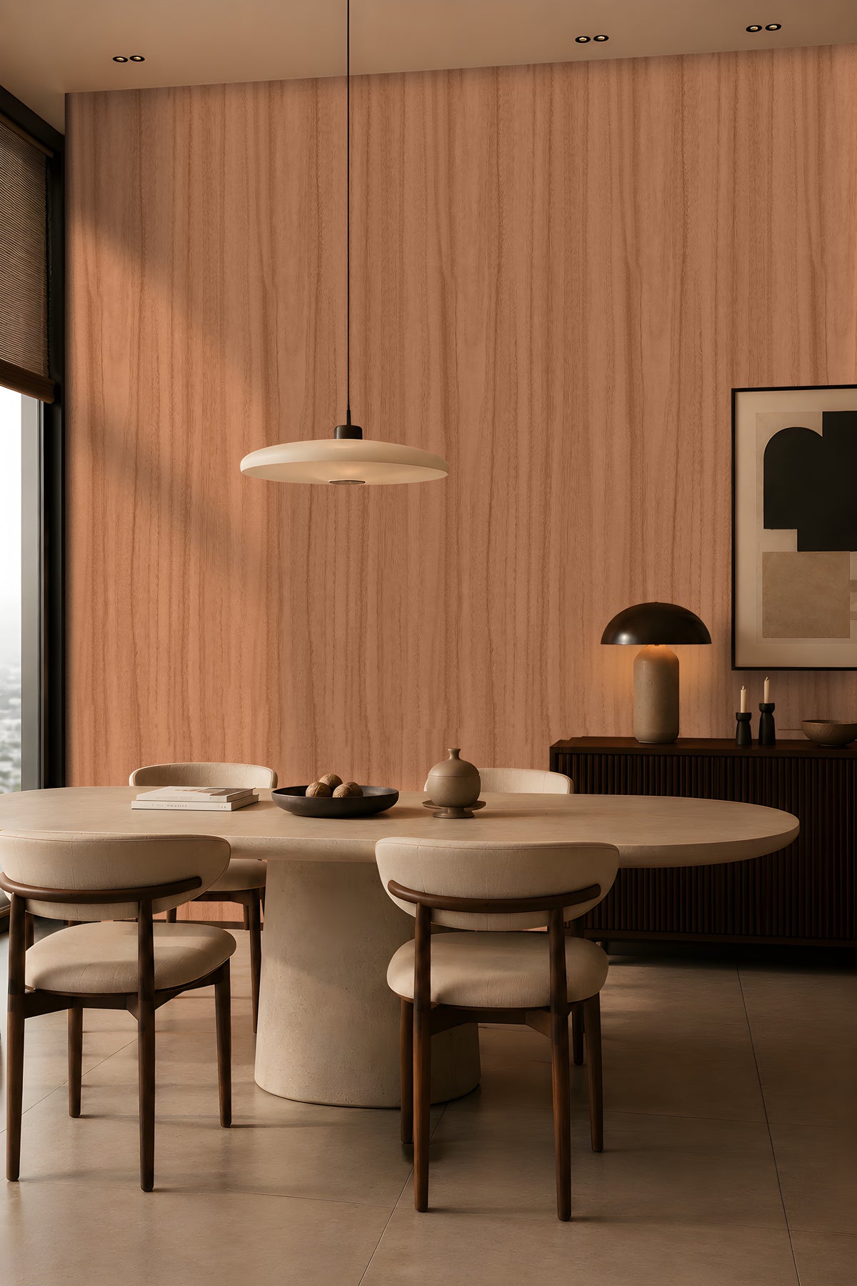 Wood Seamless Wallpaper - Cinnamon Peach showcased in a contemporary dining room featuring a warm almond beige wood-grain texture with a seamless vertical pattern. The wallpaper creates a sophisticated backdrop for neutral upholstered dining chairs, a round stone table, modern pendant lighting, and dark wood furniture, adding natural warmth, depth, and timeless elegance to the space.