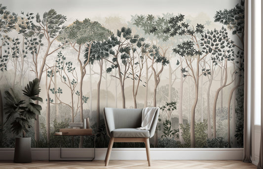 An architectural perspective of a modern reading nook featuring the Woodland Whisper Mural as a full-scale feature wall. The mural’s airy, botanical composition pairs seamlessly with mid-century modern furniture and light oak flooring, creating a peaceful and cultured interior sanctuary.