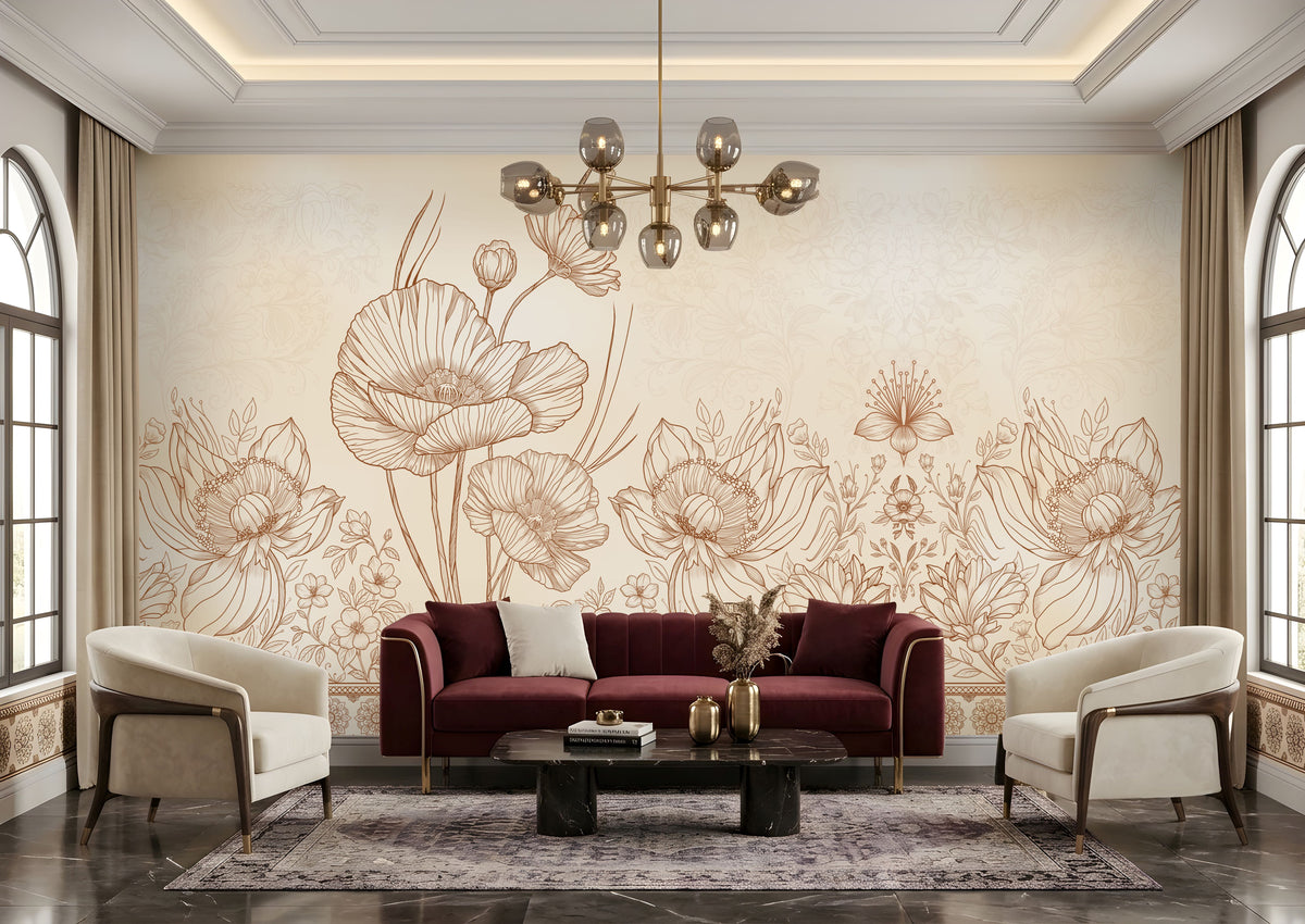 1560_DA Celestial Bloom – Warm Beige Floral Wallpaper.