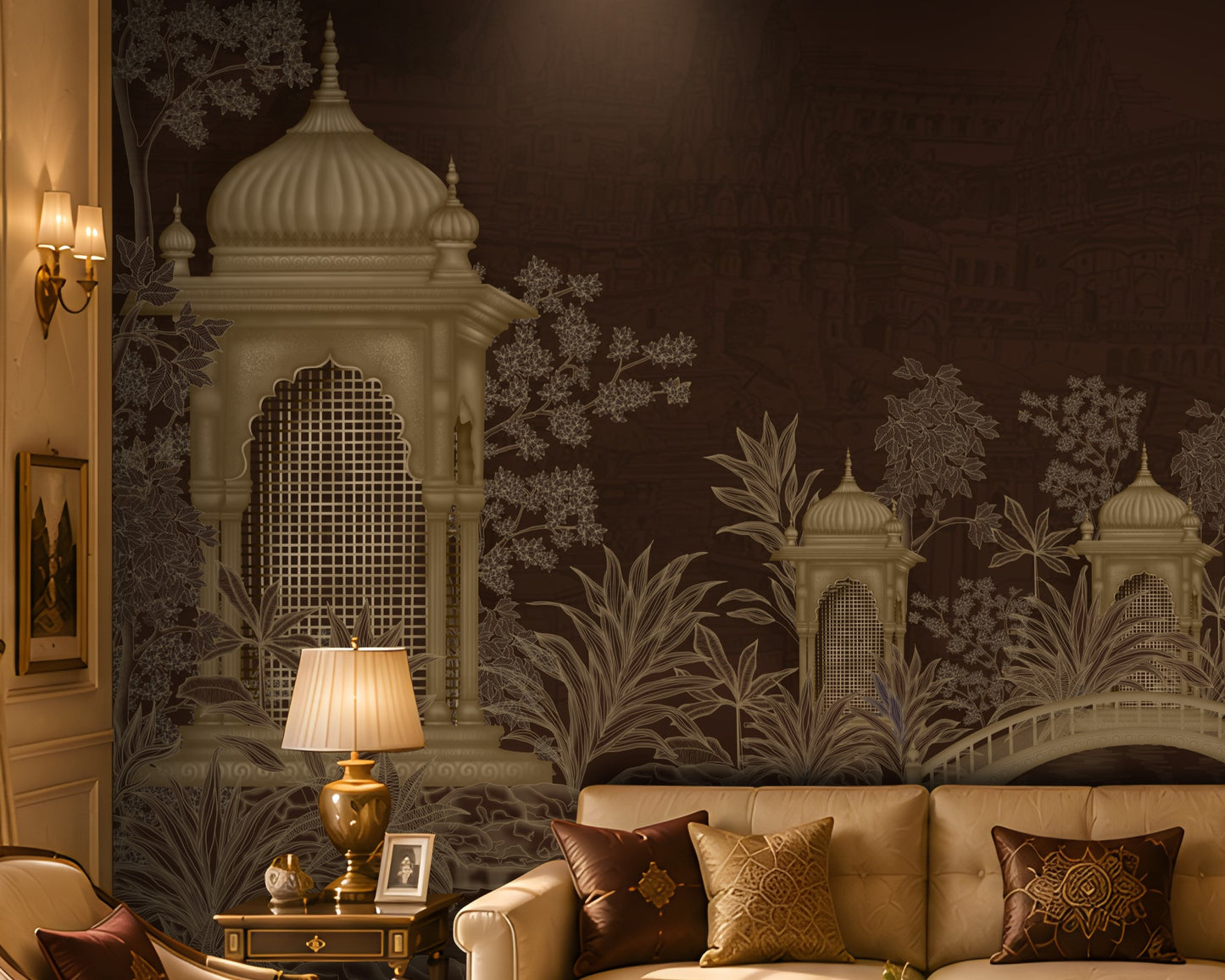 1428_DA_Palatial Garden Retreat Wallpaper, Chocolate Brown, Luxury Wall Mural.