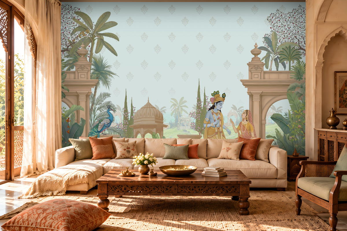 1526_DA_ Shyam Madhuban – Traditional Indian Mural Wallpaper- Teal Blue.