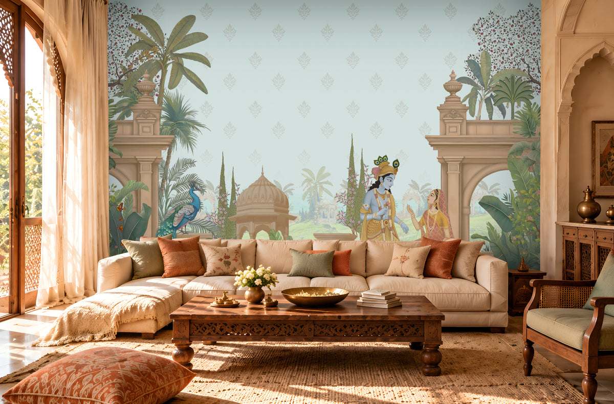 1529_DA_ Shyam Madhuban – Traditional Indian Mural Wallpaper, Pastel Sky.