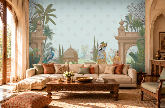 1529_DA_ Shyam Madhuban – Traditional Indian Mural Wallpaper, Pastel Sky.