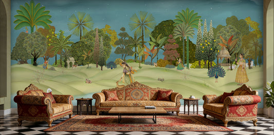 Panoramic Vrindavan Garden Pichwai wallpaper mural with peacocks, lush trees, temple pavilion and traditional Indian heritage landscape wall art for luxury living room by Tetsip Media