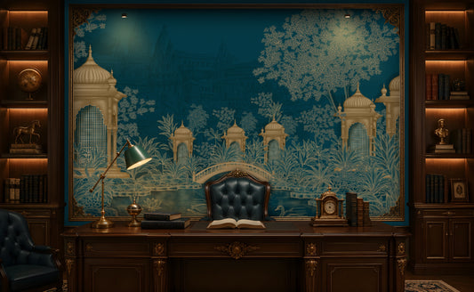 Luxurious home office featuring a heritage-inspired mural in rich peacock blue and antique gold. The mural depicts ornate domed pavilions, lush botanical foliage, an elegant arched bridge, and graceful swans on a tranquil pond, with subtle palace architecture in the background. The space is styled with a carved dark wood executive desk, a tufted leather chair, brass desk accessories, a vintage clock, an adjustable green banker’s lamp, built-in bookshelves with decorative objects, and warm ambient lighting, 