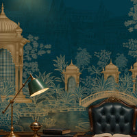 1426_DA_Palatial Garden Retreat Wallpaper,Peacock Blue, Luxury Wall Mural.