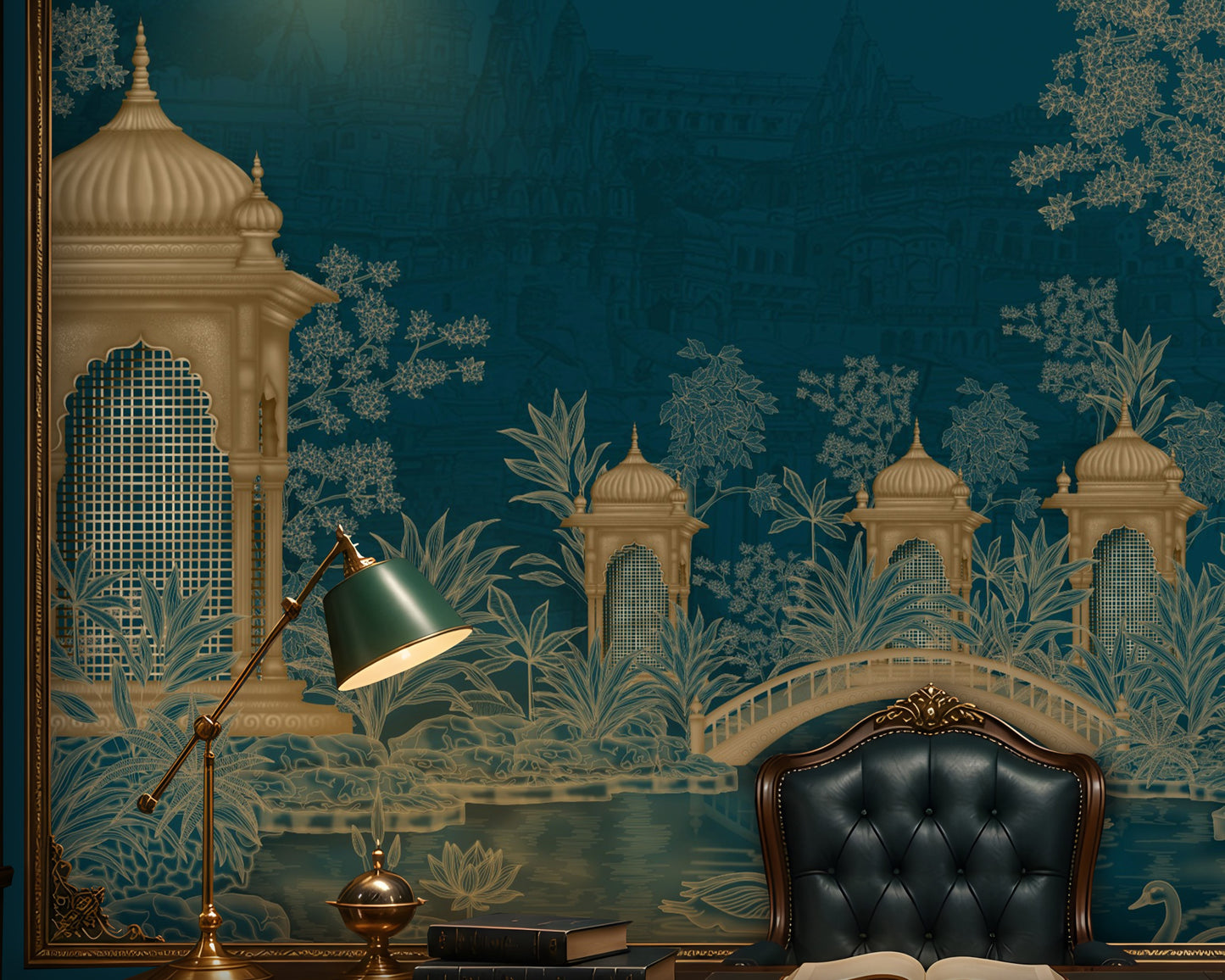 1426_DA_Palatial Garden Retreat Wallpaper,Peacock Blue, Luxury Wall Mural.