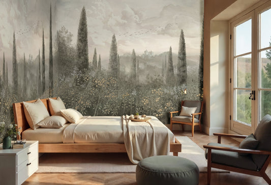 Stone clay floral mural wallpaper with classical citrus orchard design installed as a feature wall in living room, dining room, and bedroom interiors.