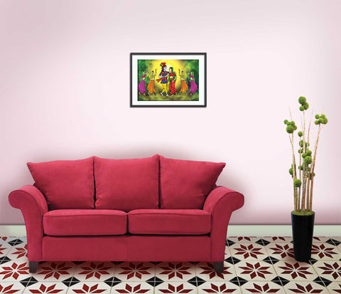 10_DA - Radha Krishna Dance with Gopis under Golden Light Abstract Art