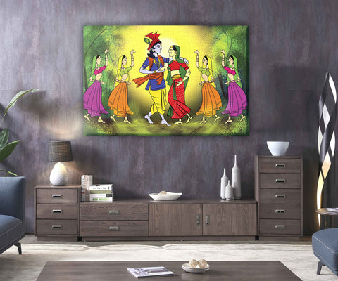10_DA - Radha Krishna Dance with Gopis under Golden Light Abstract Art